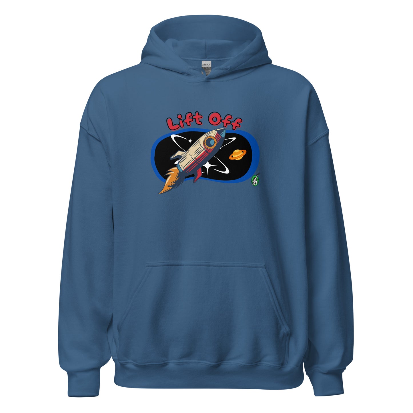 Women's indigo hoodie with a printed graphic of a rocket and the words, Lift Off. Designed by Wizard Prints.
