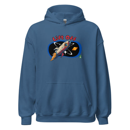 Women's indigo hoodie with a printed graphic of a rocket and the words, Lift Off. Designed by Wizard Prints.