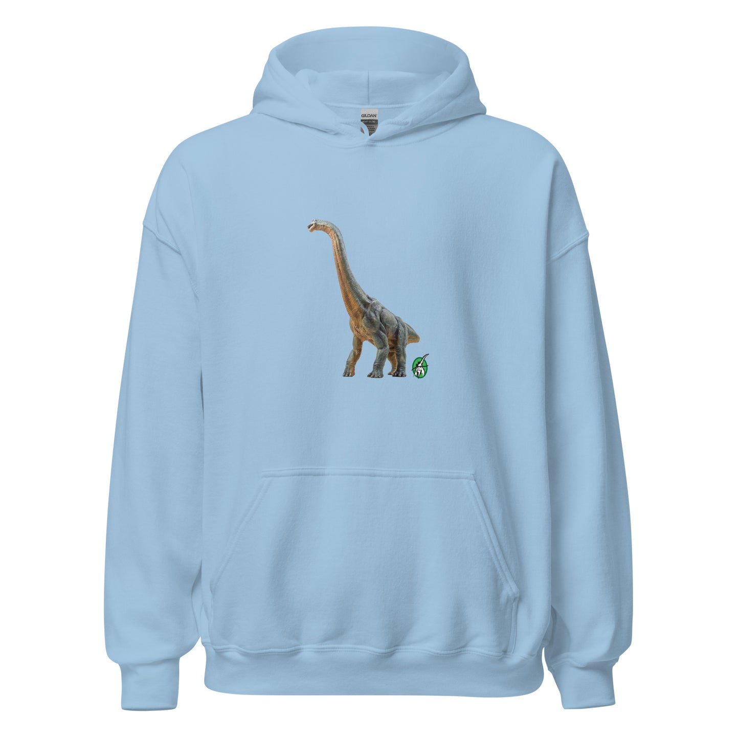 Women's light blue hoodie with a printed graphic of a life like dinosaur, designed by Wizard Prints