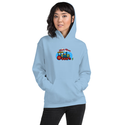 A woman standing wearing a light blue hoodie with a printed graphic of a cartoon train and the words 'Choo Choo'. Designed by Wizard Prints