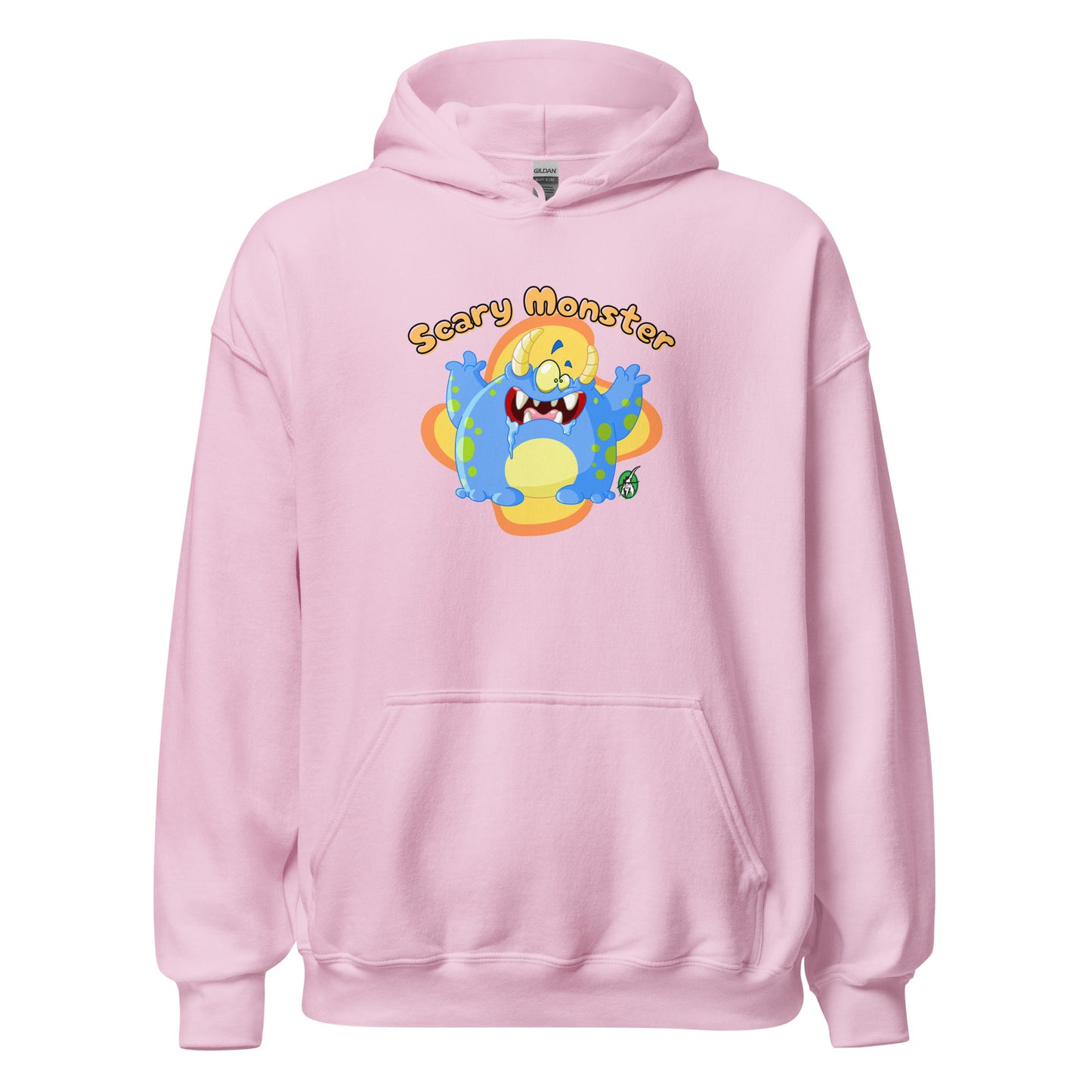 Women's light pink hoodie with a printed graphic of a cartoon monster and the words, Scary Monster. Designed by Wizard Prints.