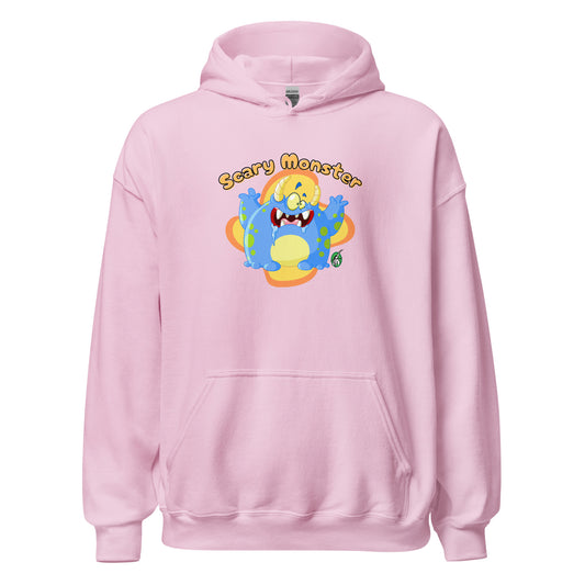 Women's light pink hoodie with a printed graphic of a cartoon monster and the words, Scary Monster. Designed by Wizard Prints.