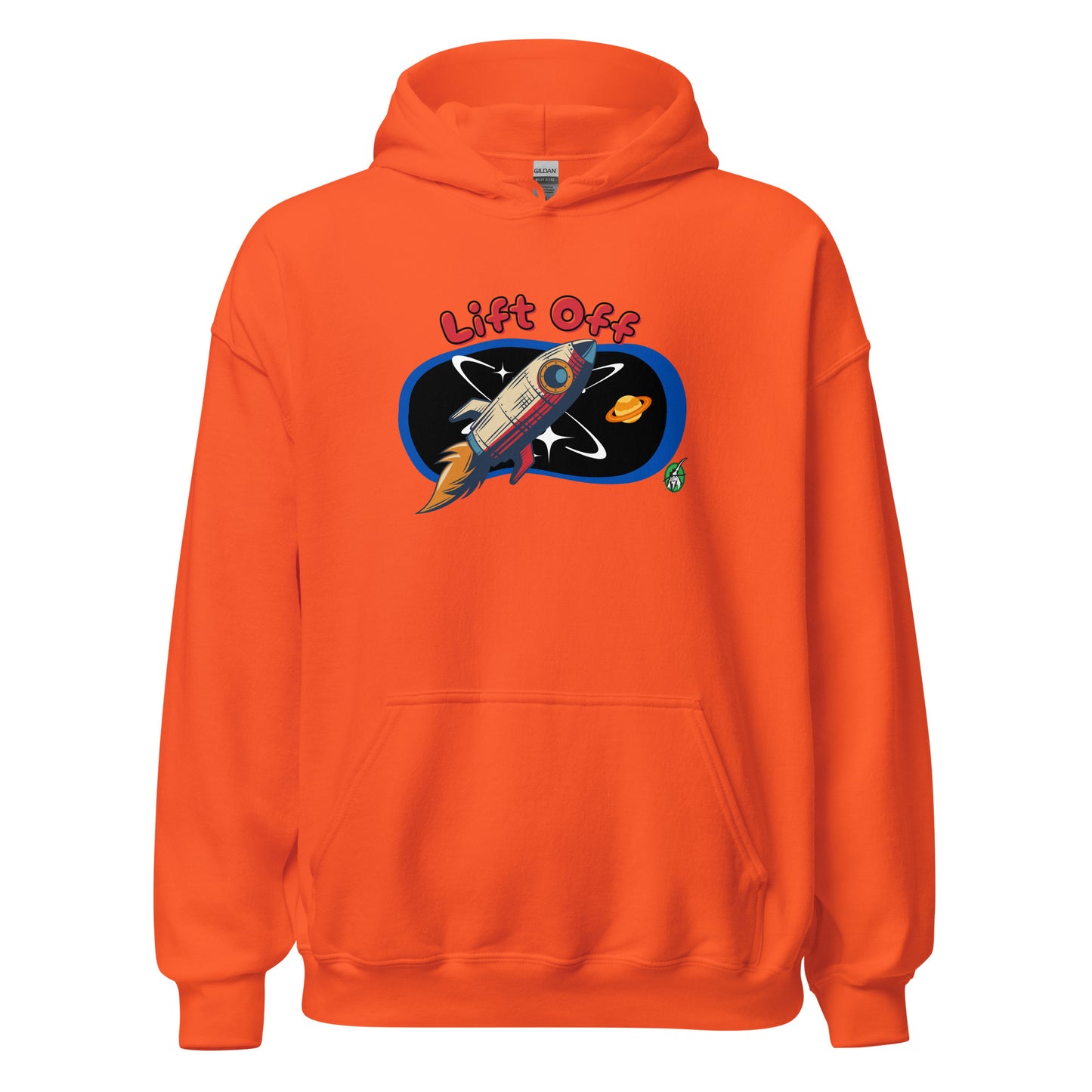 Women's orange hoodie with a printed graphic of a rocket and the words, Lift Off. Designed by Wizard Prints.