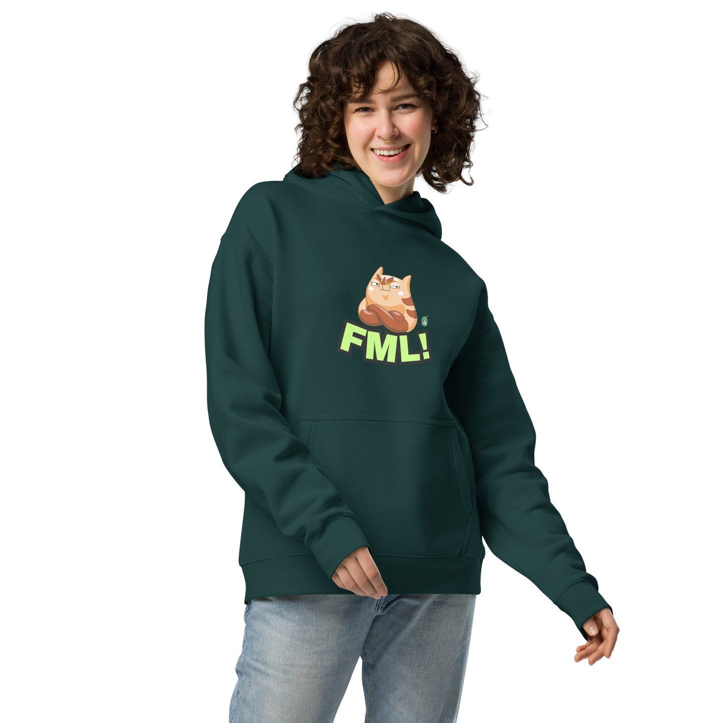 A woman standing wearing a pine green hoodie by Wizard Prints featuring a printed graphic of a grumpy cat with the words, 'FML!'. 