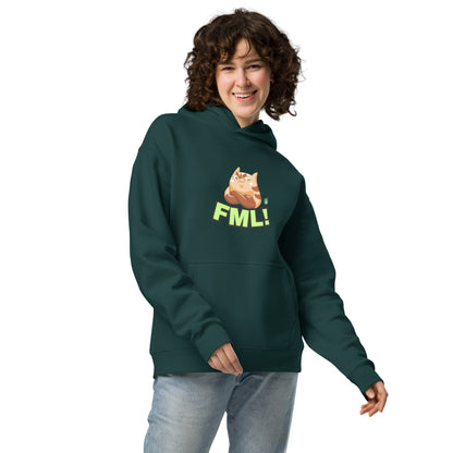 A woman standing wearing a pine green hoodie by Wizard Prints featuring a printed graphic of a grumpy cat with the words, 'FML!'. 