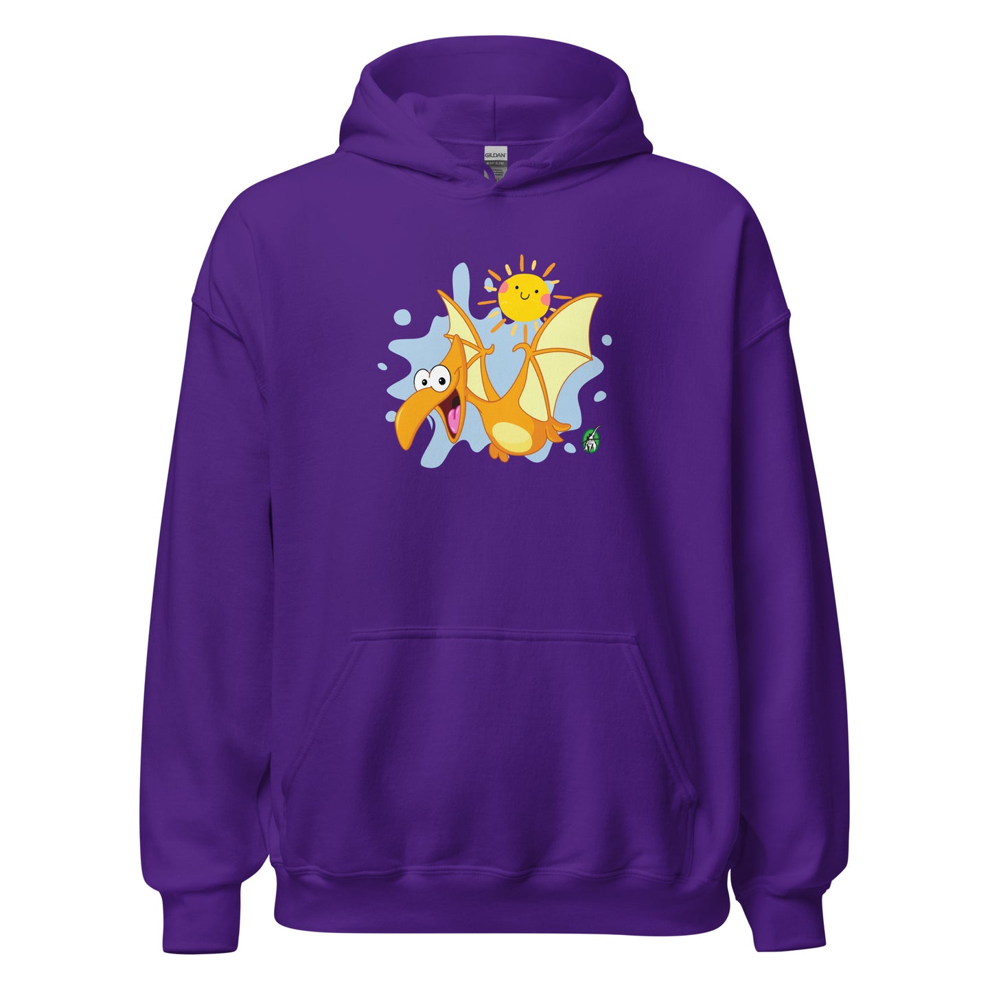Women's purple hoodie with a printed graphic of a smiling cartoon dinosaur and the sun. Designed by Wizard Prints.