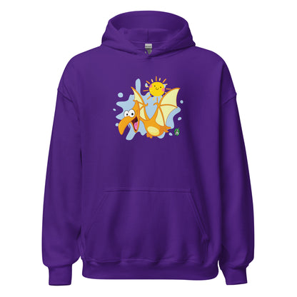 Women's purple hoodie with a printed graphic of a smiling cartoon dinosaur and the sun. Designed by Wizard Prints.