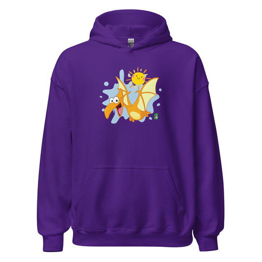 Women's purple hoodie with a printed graphic of a smiling cartoon dinosaur and the sun. Designed by Wizard Prints.