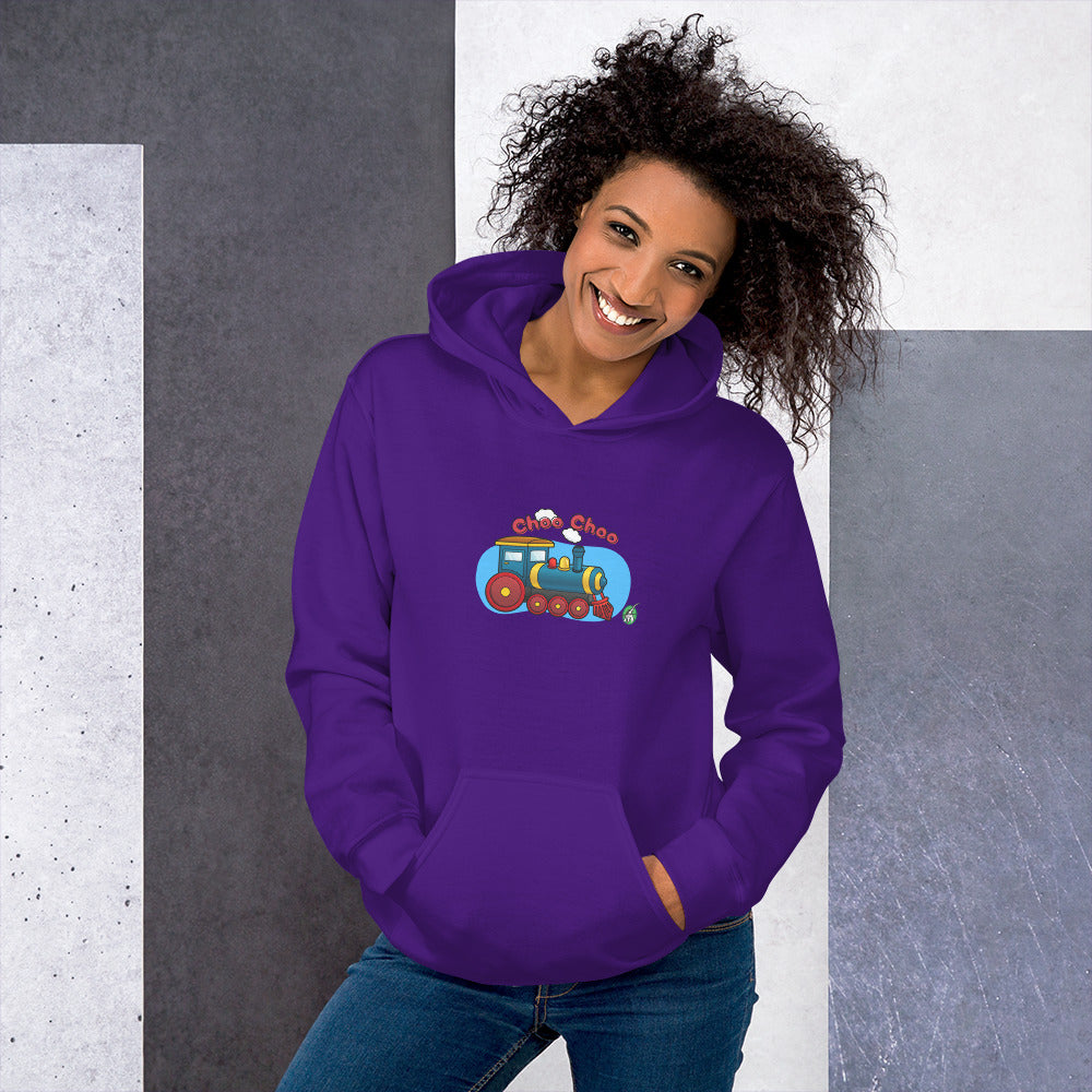 A woman standing wearing a purple hoodie with a printed graphic of a cartoon train and the words 'Choo Choo'. Designed by Wizard Prints