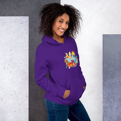 A woman standing wearing a purple hoodie with a printed graphic of different colorful dinosaur types and the sun. Designed by Wizard Prints.