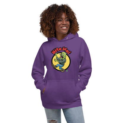 A woman standing wearing a purple hoodie with the printed graphic of a zombie with the words, Bite Me'. Designed by Wizard Prints.
