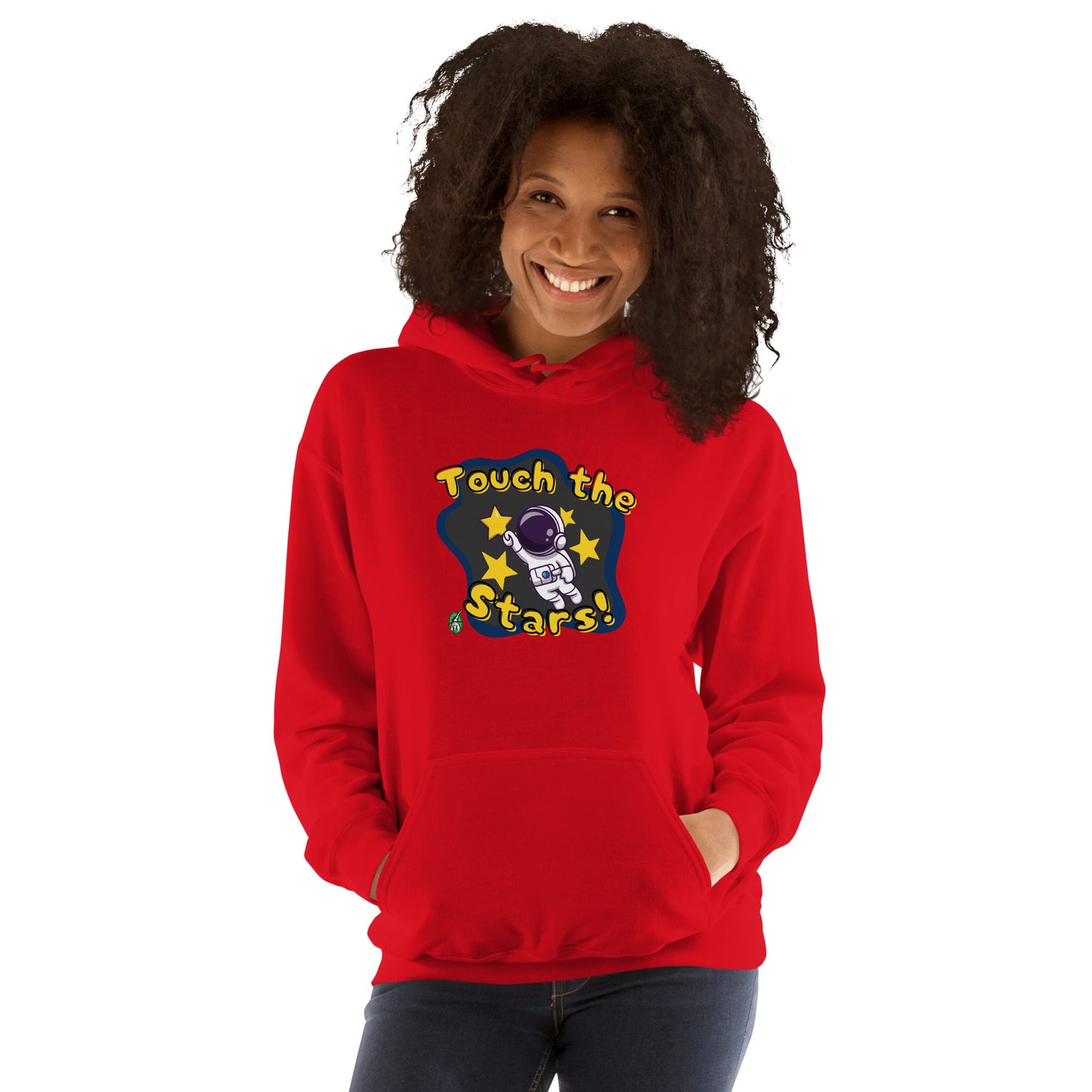 A woman standing wearing a red hoodie with a printed graphic of a cartoon astronaut and the words, Touch the Stars. Designed by Wizard Prints.