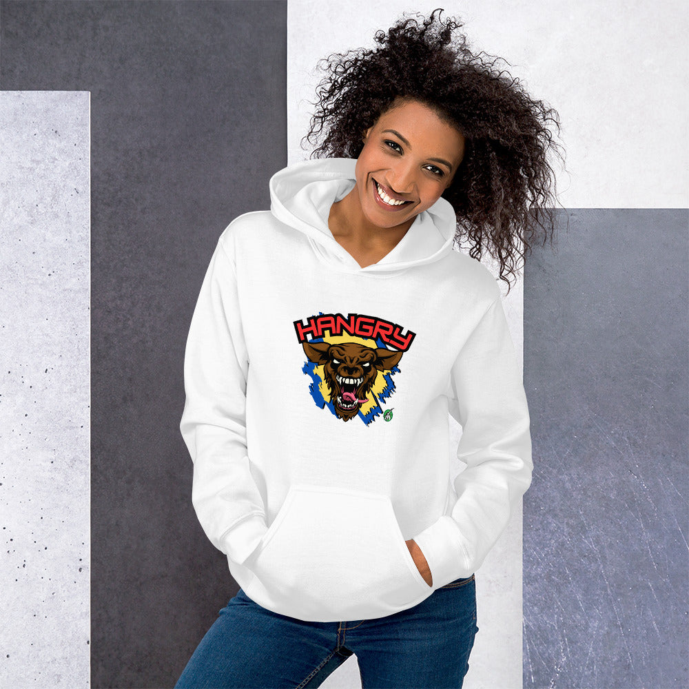 A woman standing wearing a white hoodie by Wizard Prints featuring a printed graphic of an angry wolf and the word, Hangry.