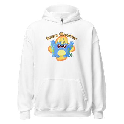 Women's white hoodie with a printed graphic of a cartoon monster and the words, Scary Monster. Designed by Wizard Prints.