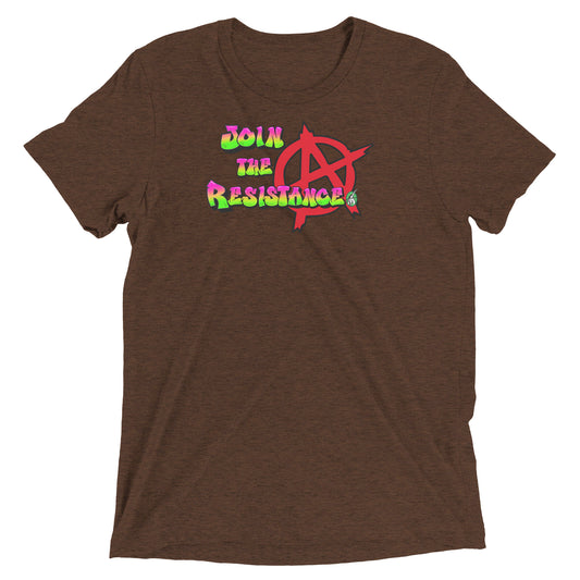 A Wizard Prints women's graphic rebel t-shirt in brown with a printed graphic on the front of Join-the-Resistance graphitti style 