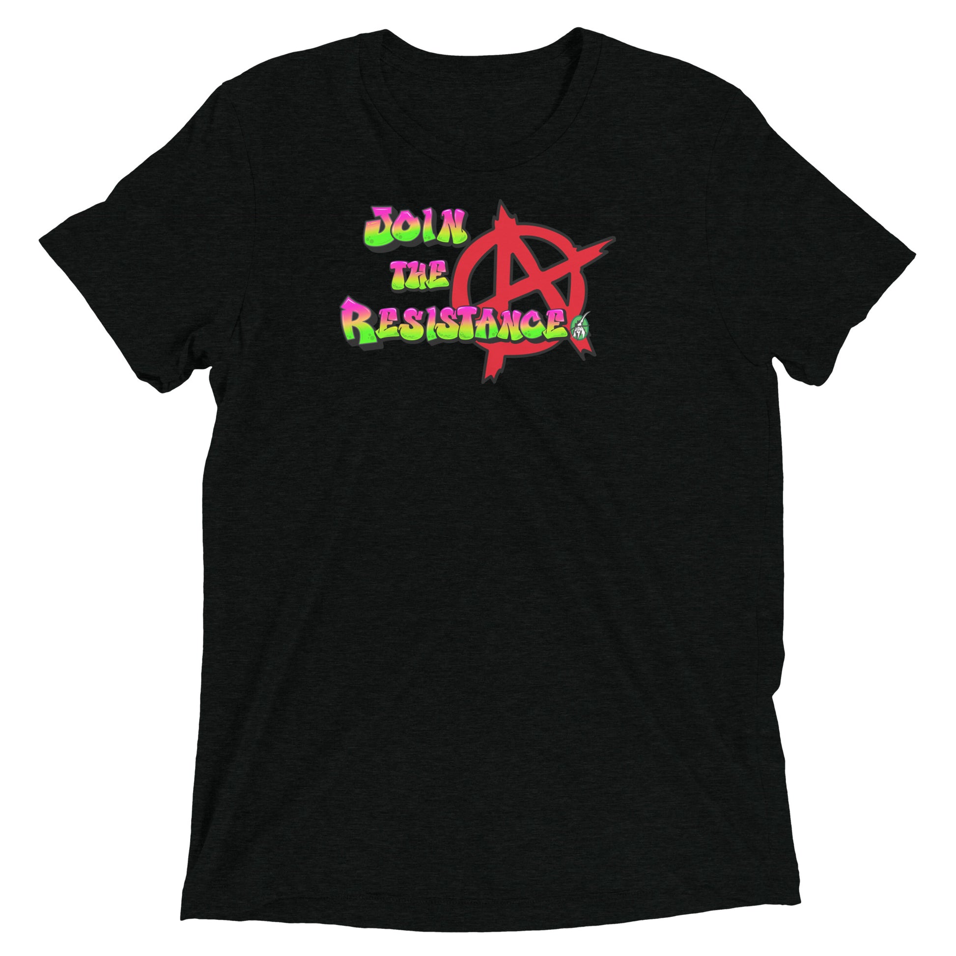 A Wizard Prints women's graphic rebel t-shirt in black with a printed graphic on the front of Join-the-Resistance graphitti style 