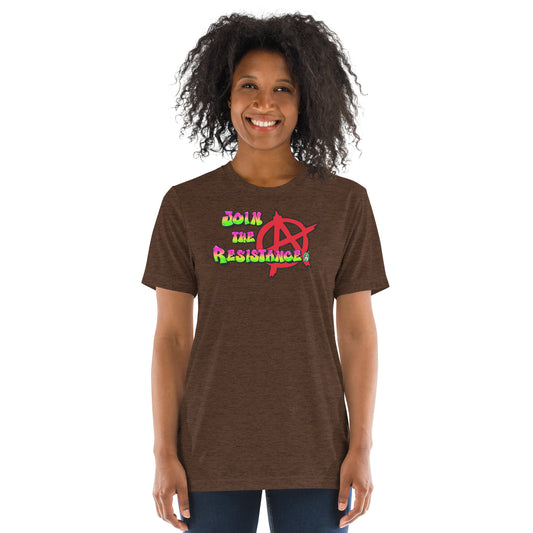 A Wizard Prints women's graphic rebel t-shirt in brown with a printed graphic on the front of Join-the-Resistance graphitti style 