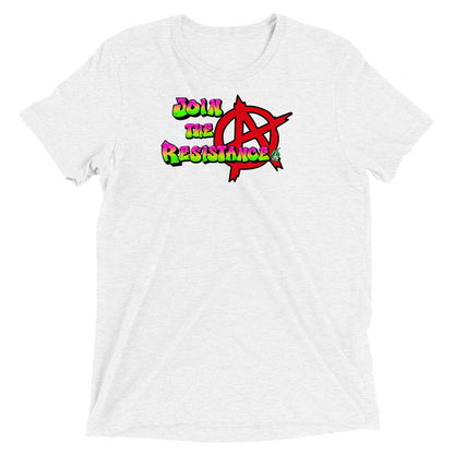 A Wizard Prints women's graphic rebel t-shirt in white with a printed graphic on the front of Join-the-Resistance graphitti style 