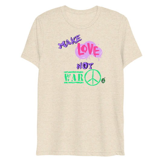 A Wizard Prints women's graphic rebel t-shirt in beige with a printed graphic on the front of Make-Love-Not-War graphitti style 