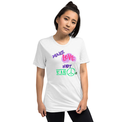 A Wizard Prints women's graphic rebel t-shirt in white with a printed graphic on the front of Make-Love-Not-War graphitti style 