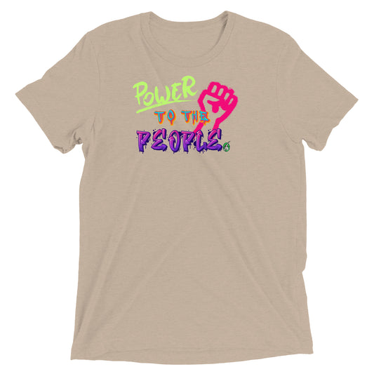 A Wizard Prints women's graphic rebel t-shirt in beige with a printed graphic on the front of Power to the People graphitti style 