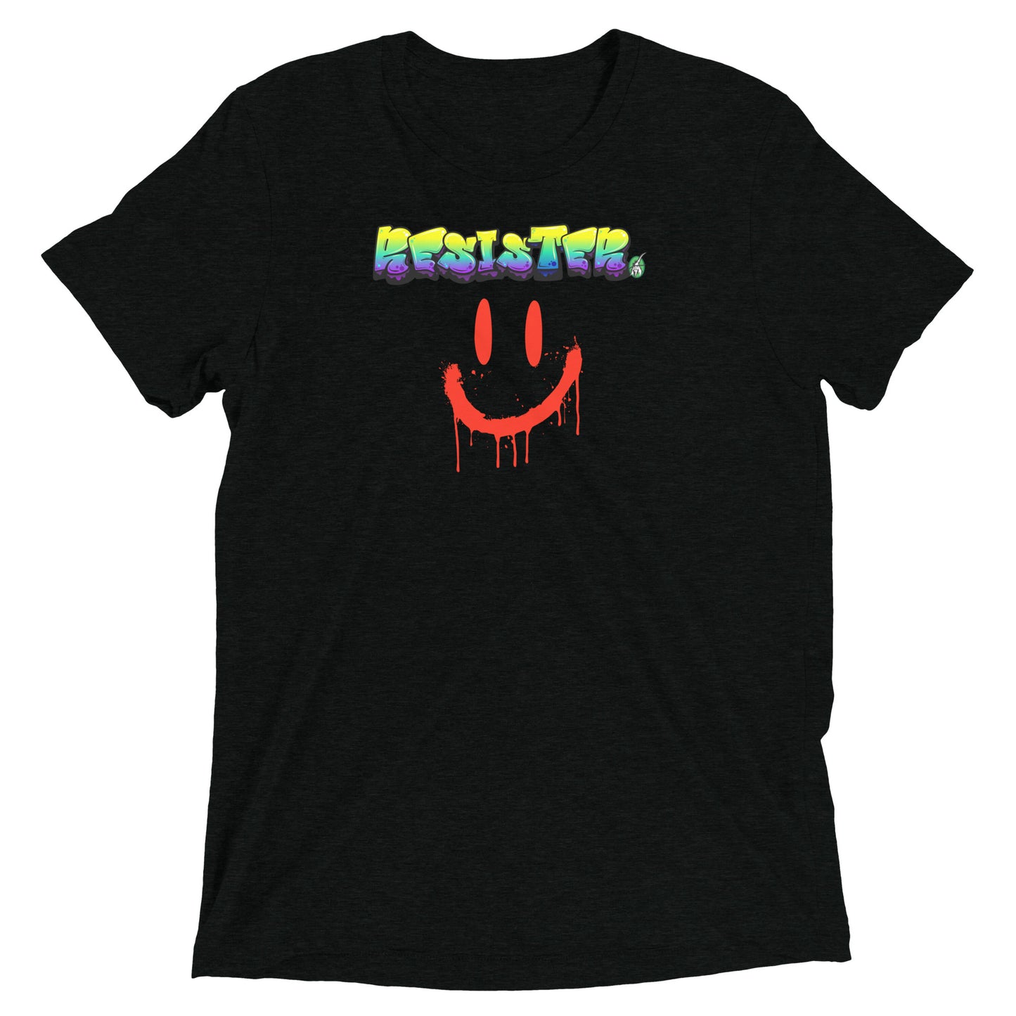 A Wizard Prints women's graphic rebel t-shirt in black with a printed graphic on the front of Resister with weird smiley face graphitti style 