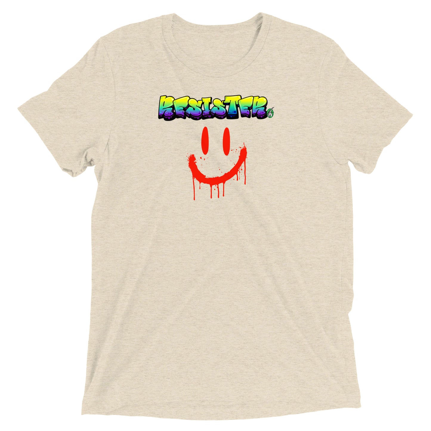 A Wizard Prints women's graphic rebel t-shirt in cream with a printed graphic on the front of Resister with weird smiley face graphitti style 