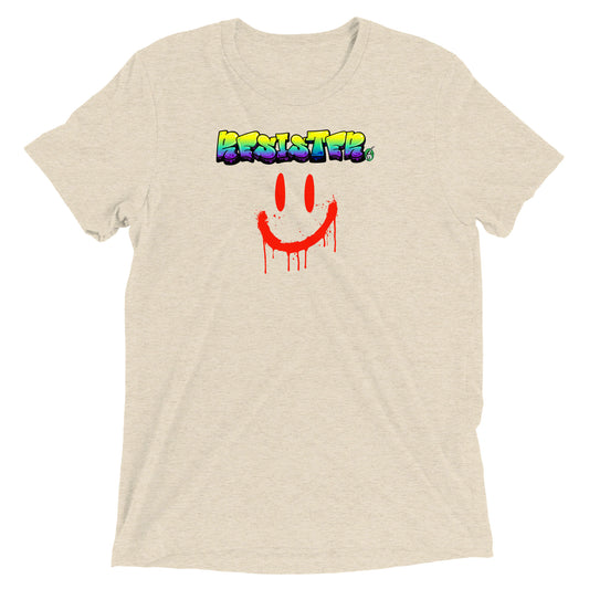 A Wizard Prints women's graphic rebel t-shirt in cream with a printed graphic on the front of Resister with weird smiley face graphitti style 