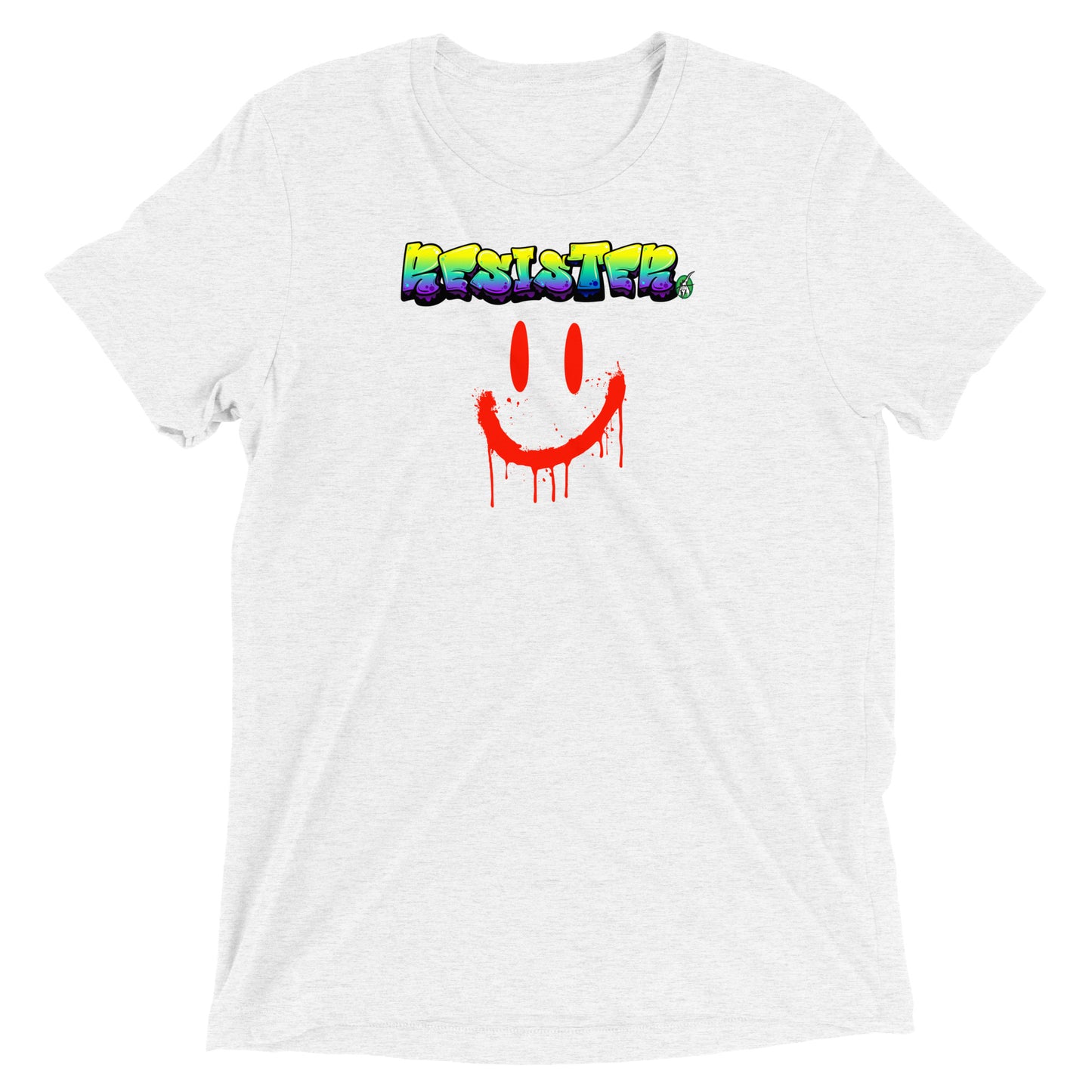 A Wizard Prints women's graphic rebel t-shirt in white with a printed graphic on the front of Resister with weird smiley face graphitti style 