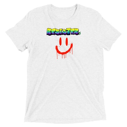A Wizard Prints women's graphic rebel t-shirt in white with a printed graphic on the front of Resister with weird smiley face graphitti style 