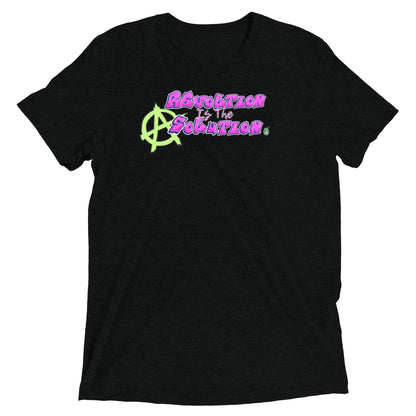 A Wizard Prints women's graphic rebel t-shirt in black with a printed graphic on the front of Revolution is the Solution graphitti style 