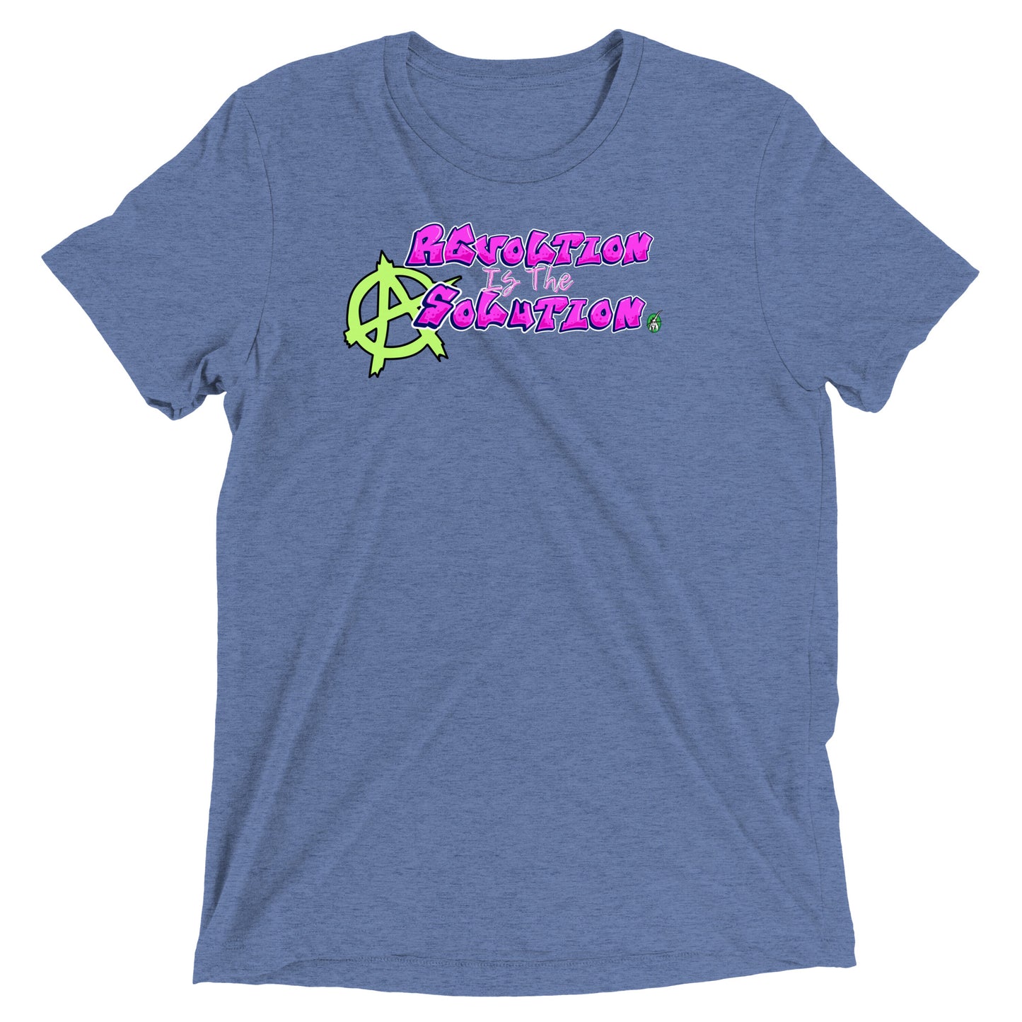 A Wizard Prints women's graphic rebel t-shirt in blue with a printed graphic on the front of Revolution is the Solution graphitti style 