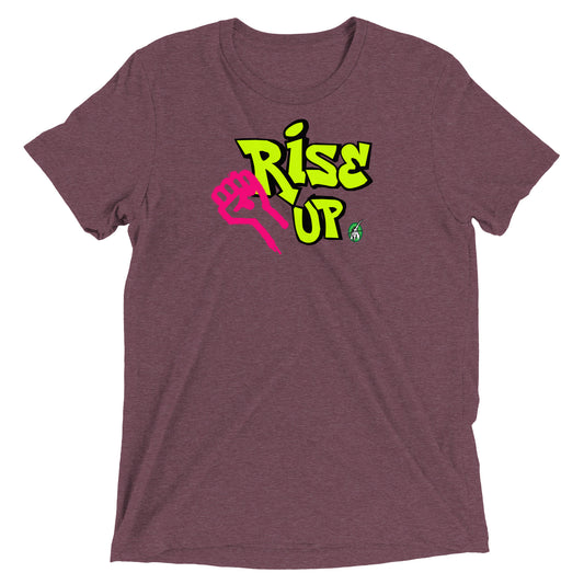 A Wizard Prints women's graphic rebel t-shirt in maroon with a printed graphic on the front of Rise Up graphitti style 