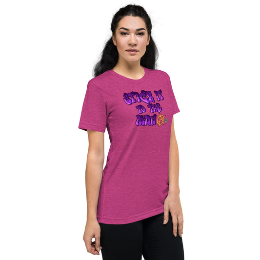 A Wizard Prints women's graphic rebel t-shirt in pink with a printed graphic on the front of Stick-it-to-the-Man graphitti style 