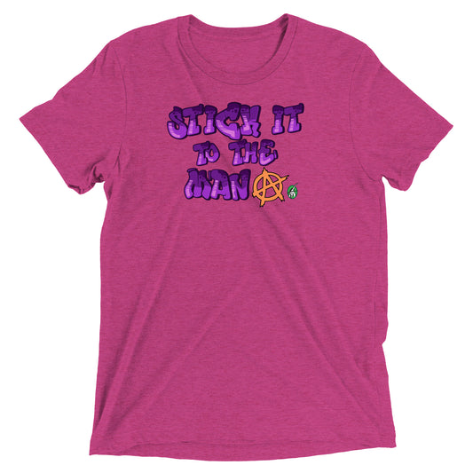 A Wizard Prints women's graphic rebel t-shirt in pink with a printed graphic on the front of Stick-it-to-the-Man graphitti style 