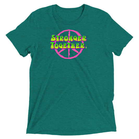A Wizard Prints women's graphic rebel t-shirt in green with a printed graphic on the front of Stronger-Together graphitti style 