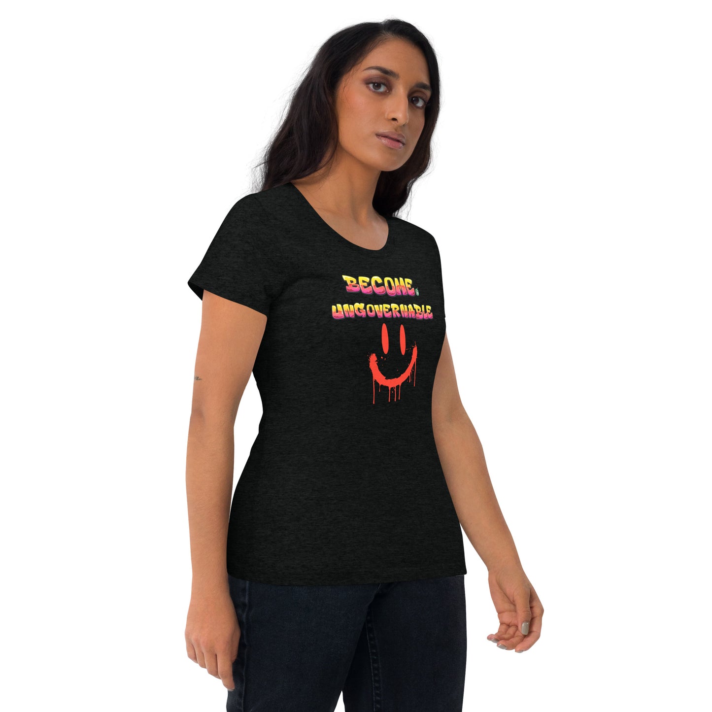 A Wizard Prints women's graphic rebel t-shirt in black with a printed graphic on the front of Ungovernable with weird smiley face graphitti style 