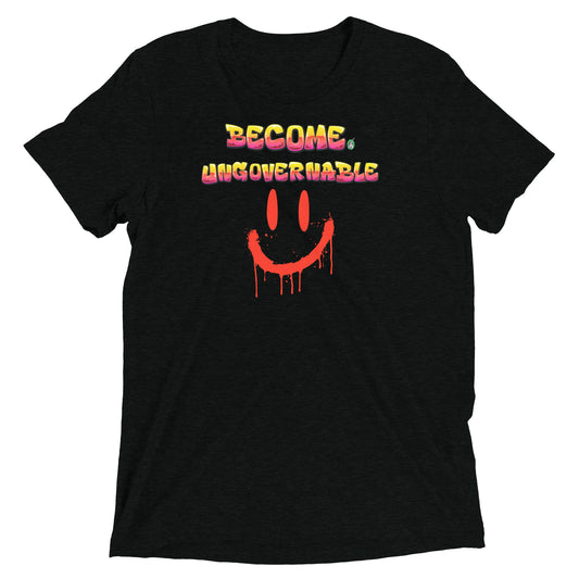 A Wizard Prints women's graphic rebel t-shirt in black with a printed graphic on the front of Ungovernable with weird smiley face graphitti style 