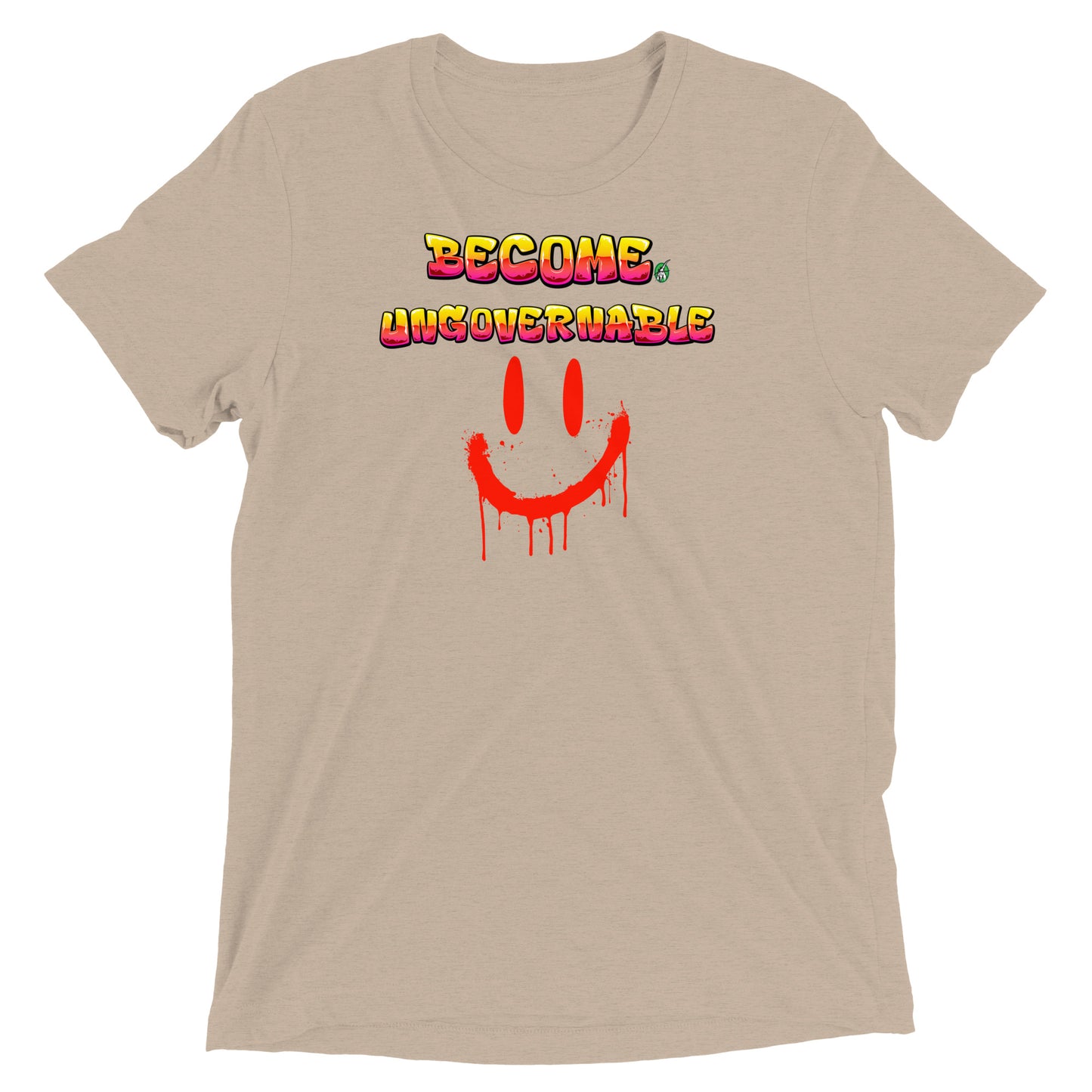 A Wizard Prints women's graphic rebel t-shirt in tan with a printed graphic on the front of Ungovernable with weird smiley face graphitti style 