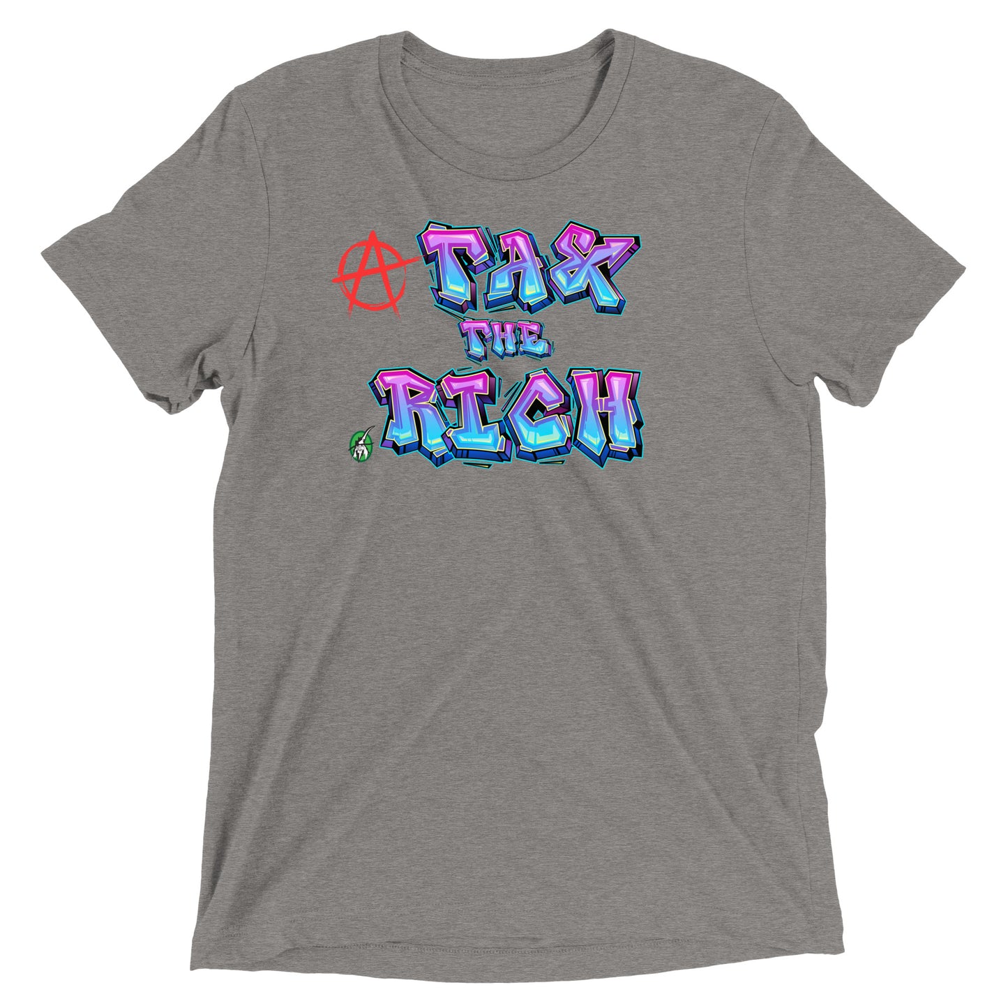 A Wizard Prints women's graphic rebel t-shirt in grey with a printed graphic on the front of Tax the Rich in graphitti style with anarchy symbol