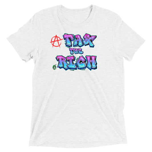 A Wizard Prints women's graphic rebel t-shirt in white with a printed graphic on the front of Tax the Rich in graphitti style with anarchy symbol