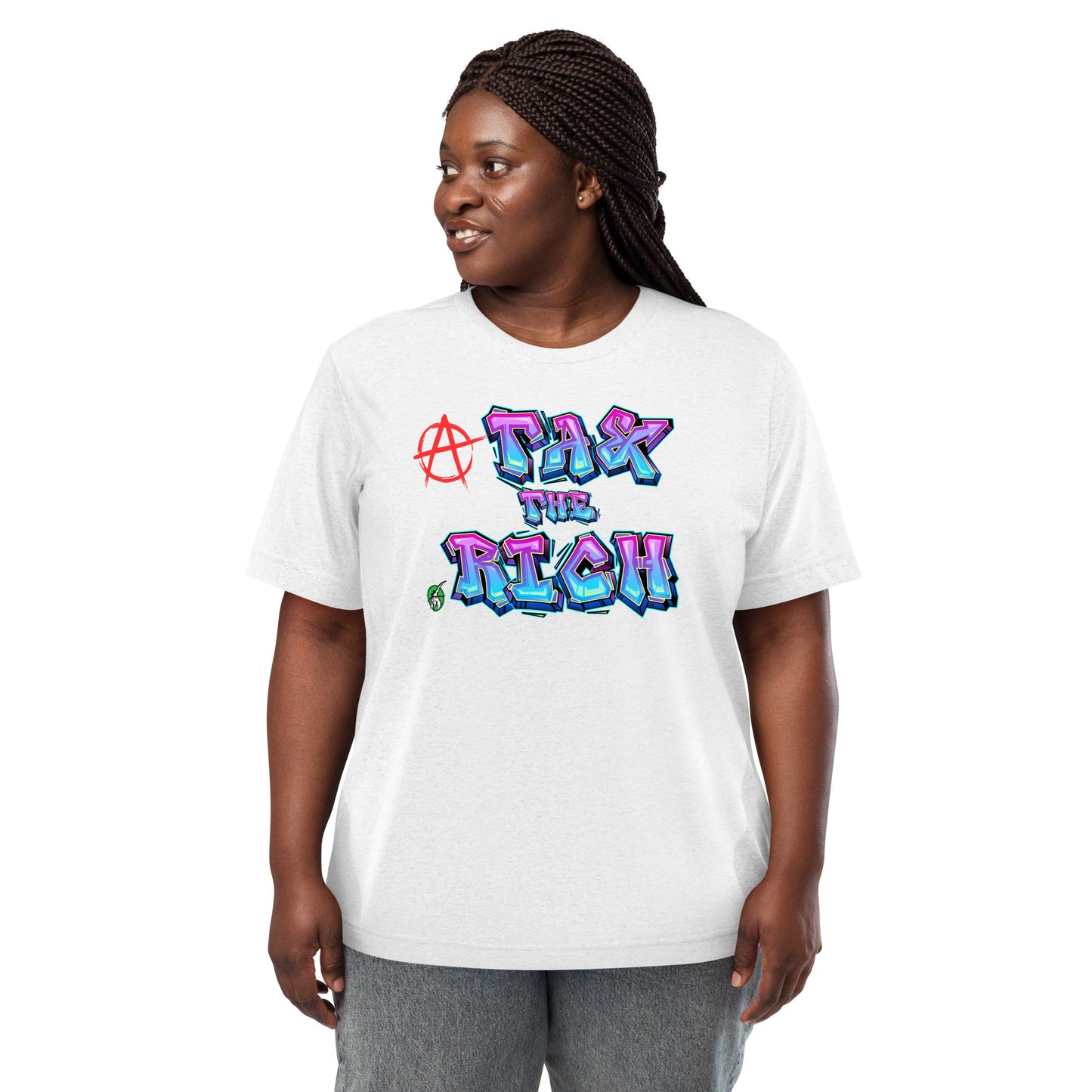 A Wizard Prints women's graphic rebel t-shirt in white with a printed graphic on the front of Tax the Rich in graphitti style with anarchy symbol