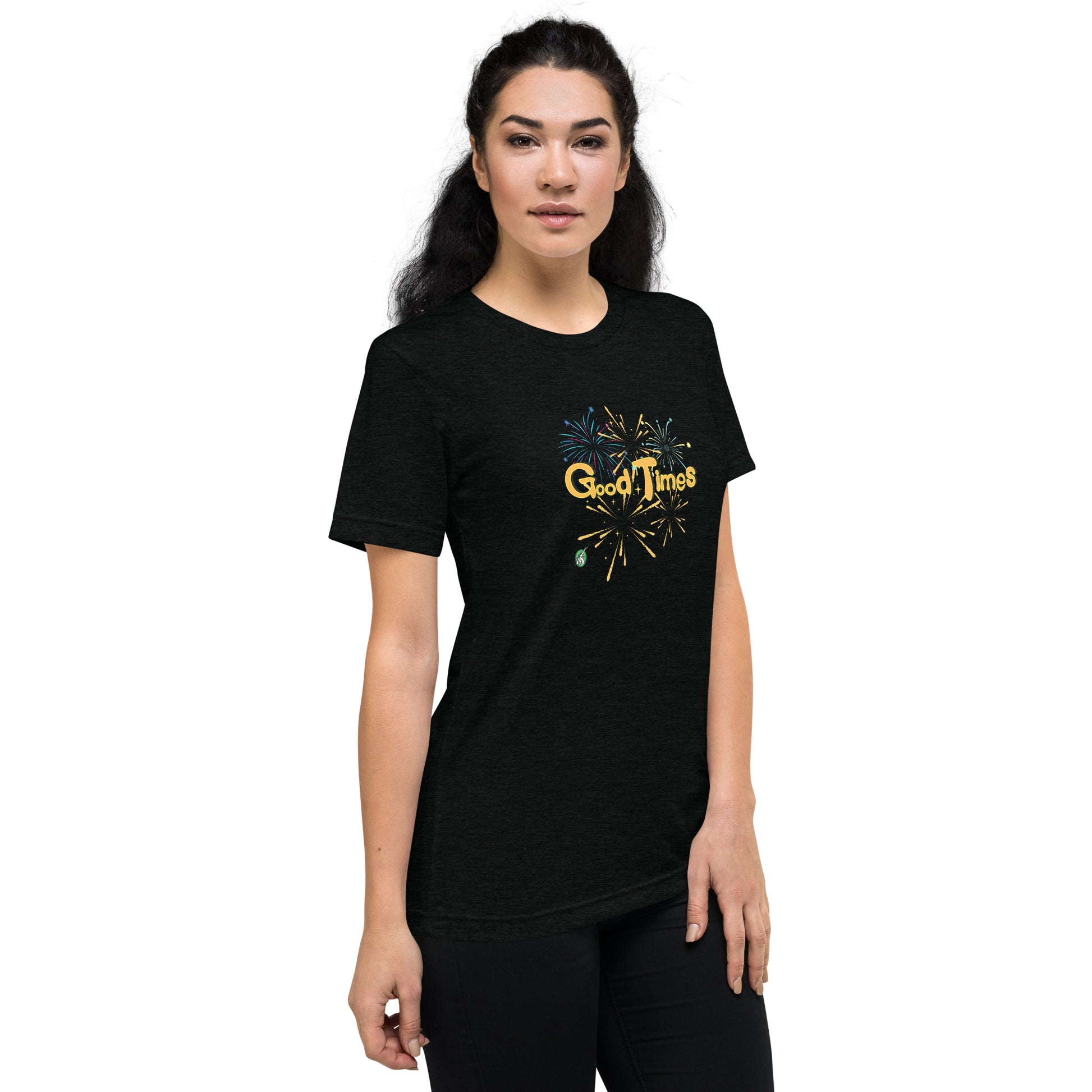 A woman standing wearing a black tee shirt with a printed graphic of fireworks with the words, Good Times. Designed by Wizard Prints