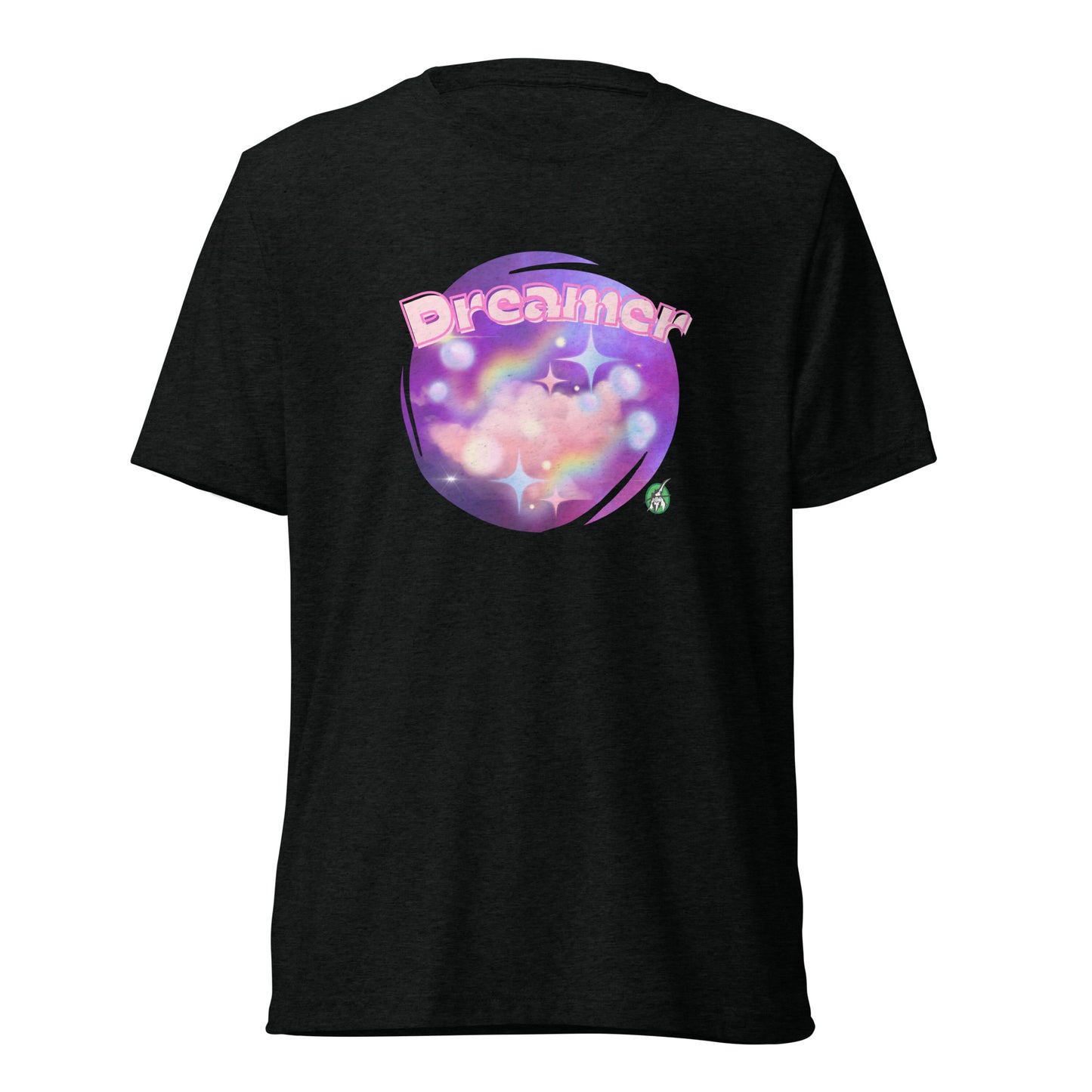 Women's black tee shirt with a printed graphic of a galaxy background and the word Dreamer on top. Designed by Wizard Prints