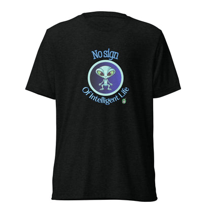 Women's black tee shirt with a printed graphic of a blue alien and the words No Sign of Intelligent Life. Designed by Wizard Prints