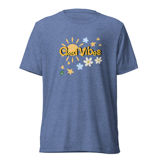 Women's blue tee shirt with a printed graphic of the sun and the words, Good Vibes. Designed by Wizard Prints
