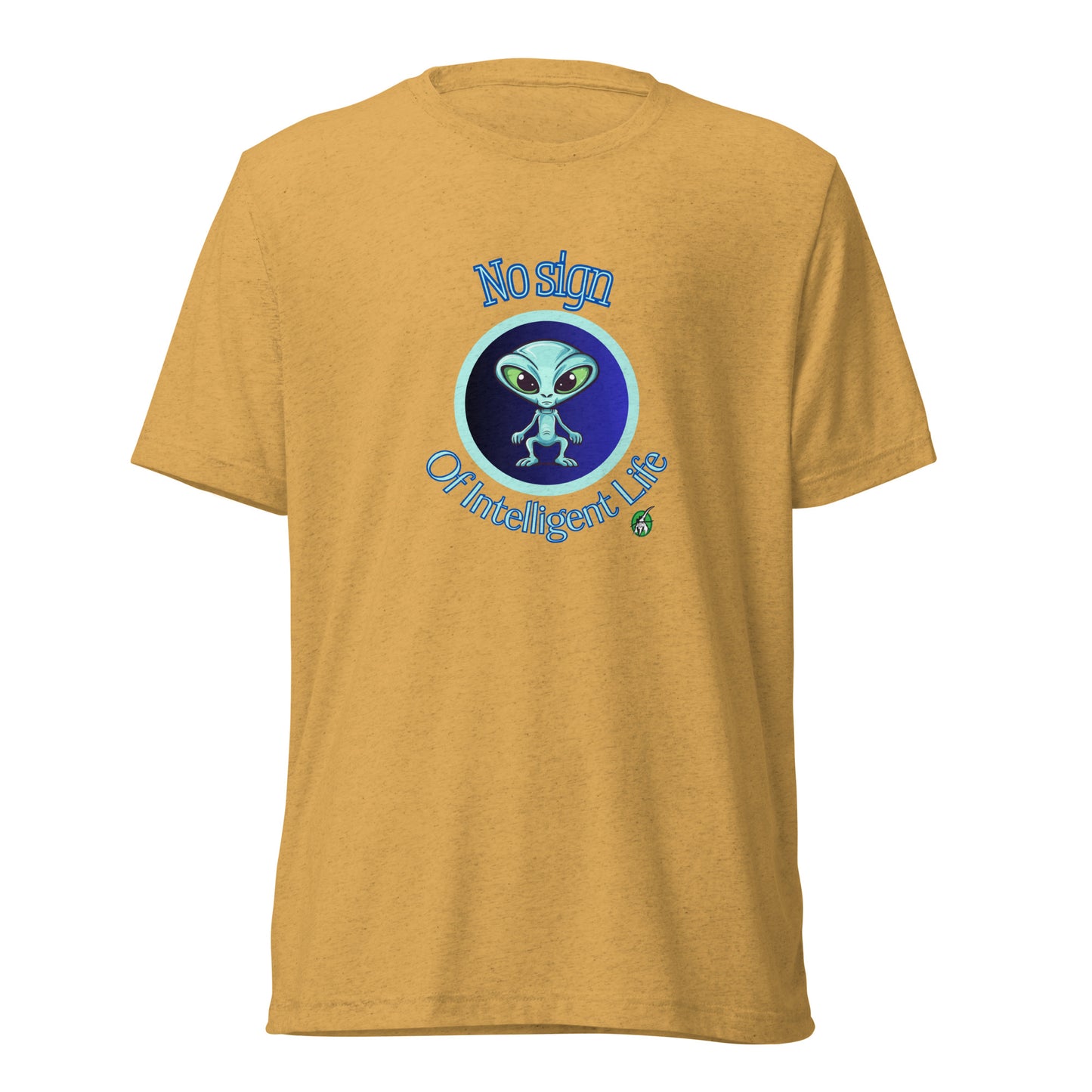 Women's mustard tee shirt with a printed graphic of a blue alien and the words No Sign of Intelligent Life. Designed by Wizard Prints