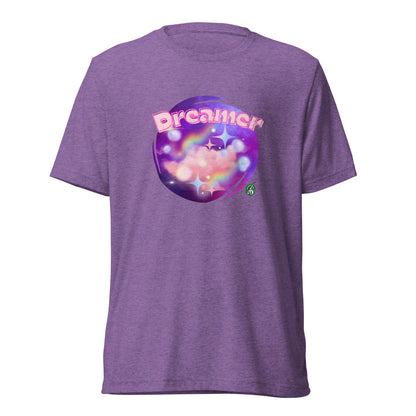 Women's purple tee shirt with a printed graphic of a galaxy background and the word Dreamer on top. Designed by Wizard Prints