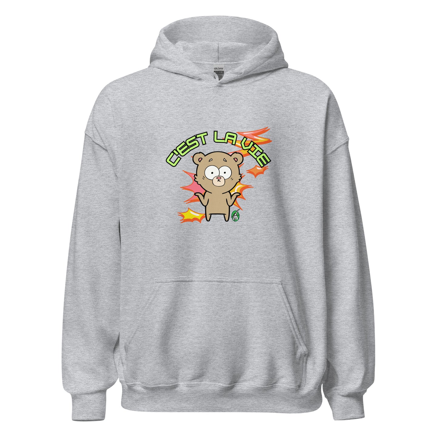 Women's grey hoodie by Wizard Prints featuring a printed graphic of a shrugging cartoon bear and the words, C'est La Vie.