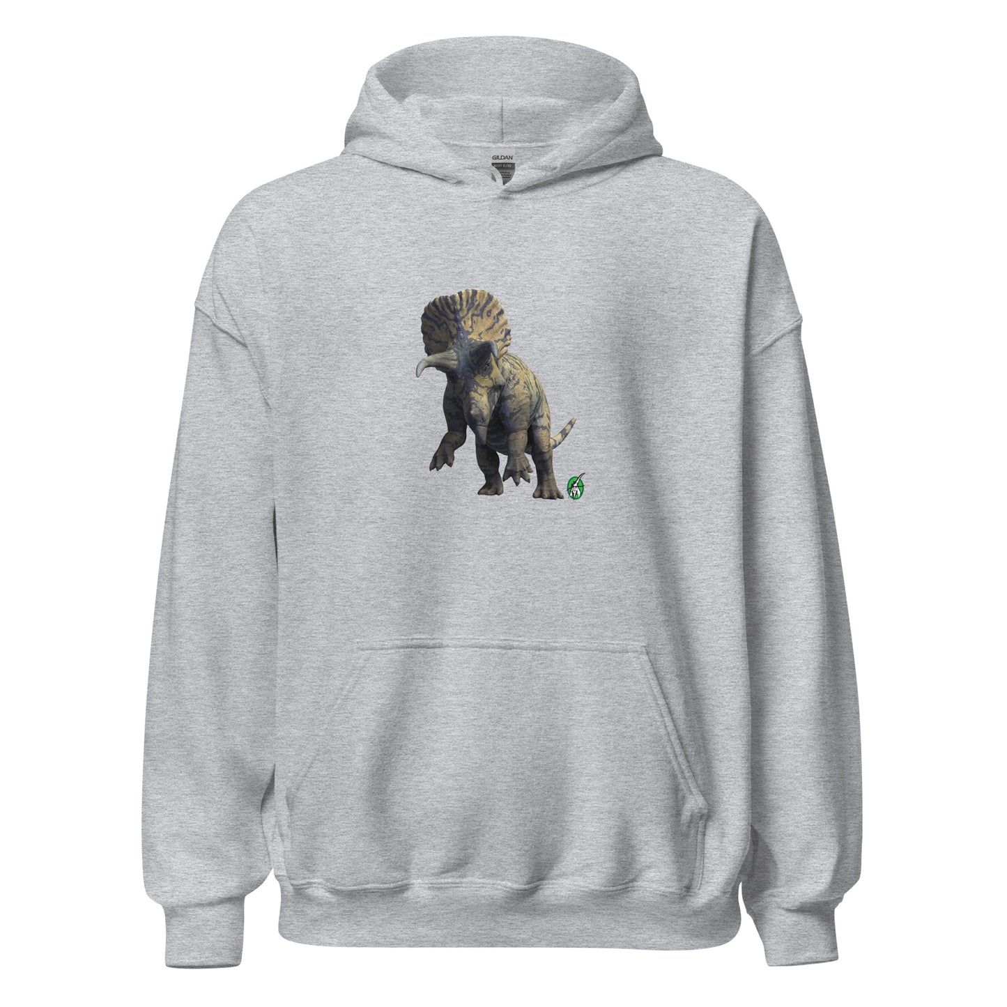 Women's grey hoodie with a printed graphic of a life like dinosaur. Designed by Wizard Prints.
